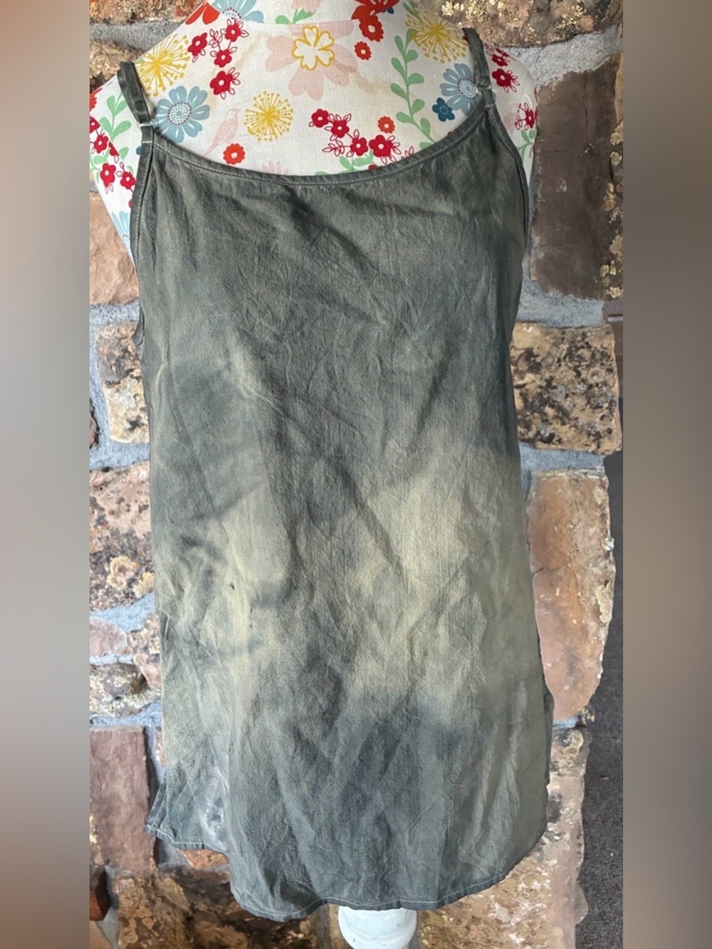 Hand Sewn, Plant dyed, Olive Green and grey 100% linen Slip Tank Top